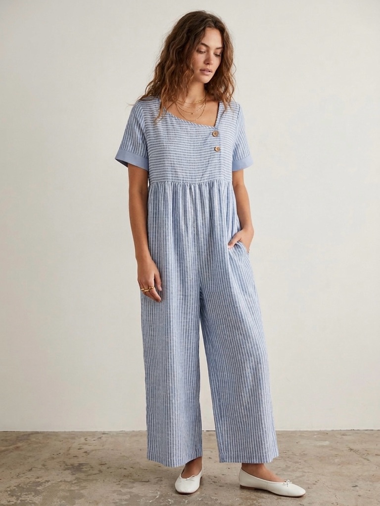 Light Blue Striped Wide-Leg Jumpsuit